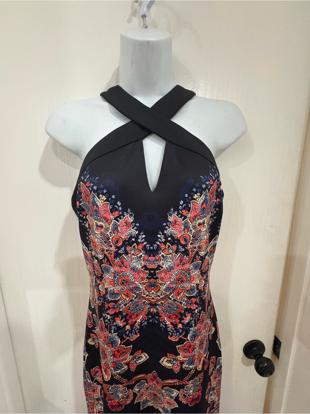 Y2K Sleeveless Navy Cross-Neck Floral bohemian girls night outsatin-feel Dress - Picture 3 of 7